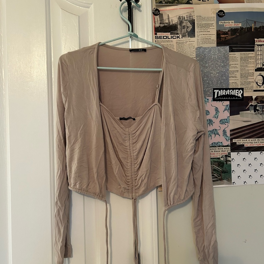 Papermoon Tan Ruched Tie Front Crop Blouse